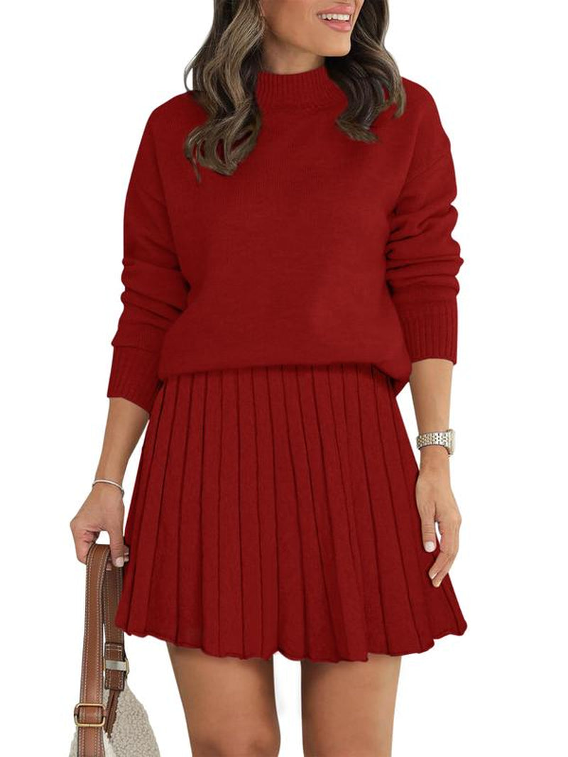 Women'S Two Piece Outfits Turtleneck Long Sleeve Ribbed Knit Tops Pleated Mini Skirt 2025 Casual Sweater Sets