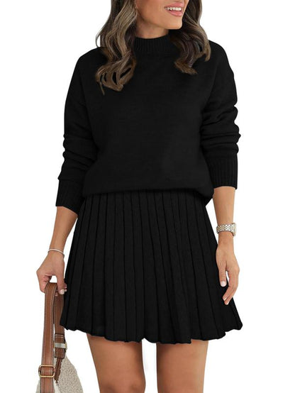 Women'S Two Piece Outfits Turtleneck Long Sleeve Ribbed Knit Tops Pleated Mini Skirt 2025 Casual Sweater Sets