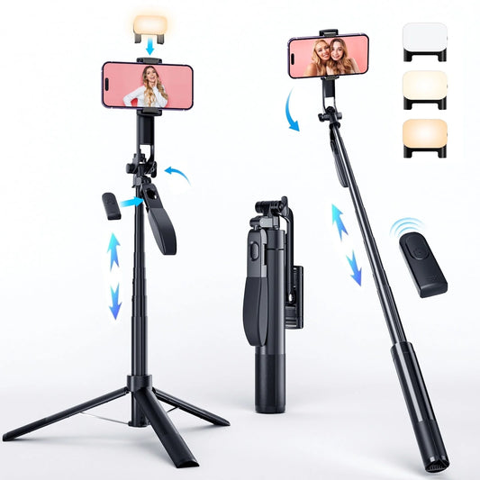 67" Selfie Stick, 360°Rotation Anti-Shake Extendable Tripod for Iphone with Remote &Fill Light, Phone Tripod for Android/Ios